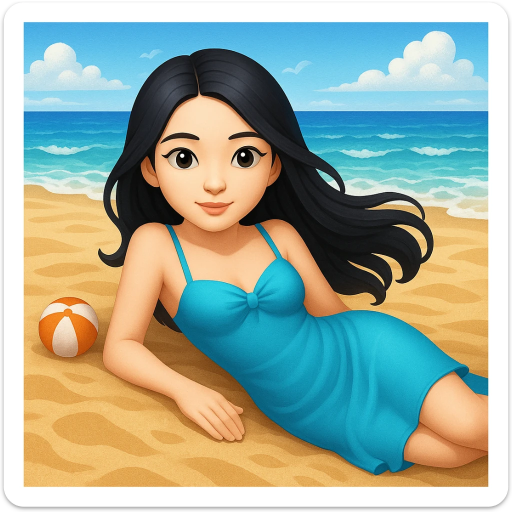 emoji ios 18.1 beautiful girl with black long hair lies on the sea beach, more beach details sticker