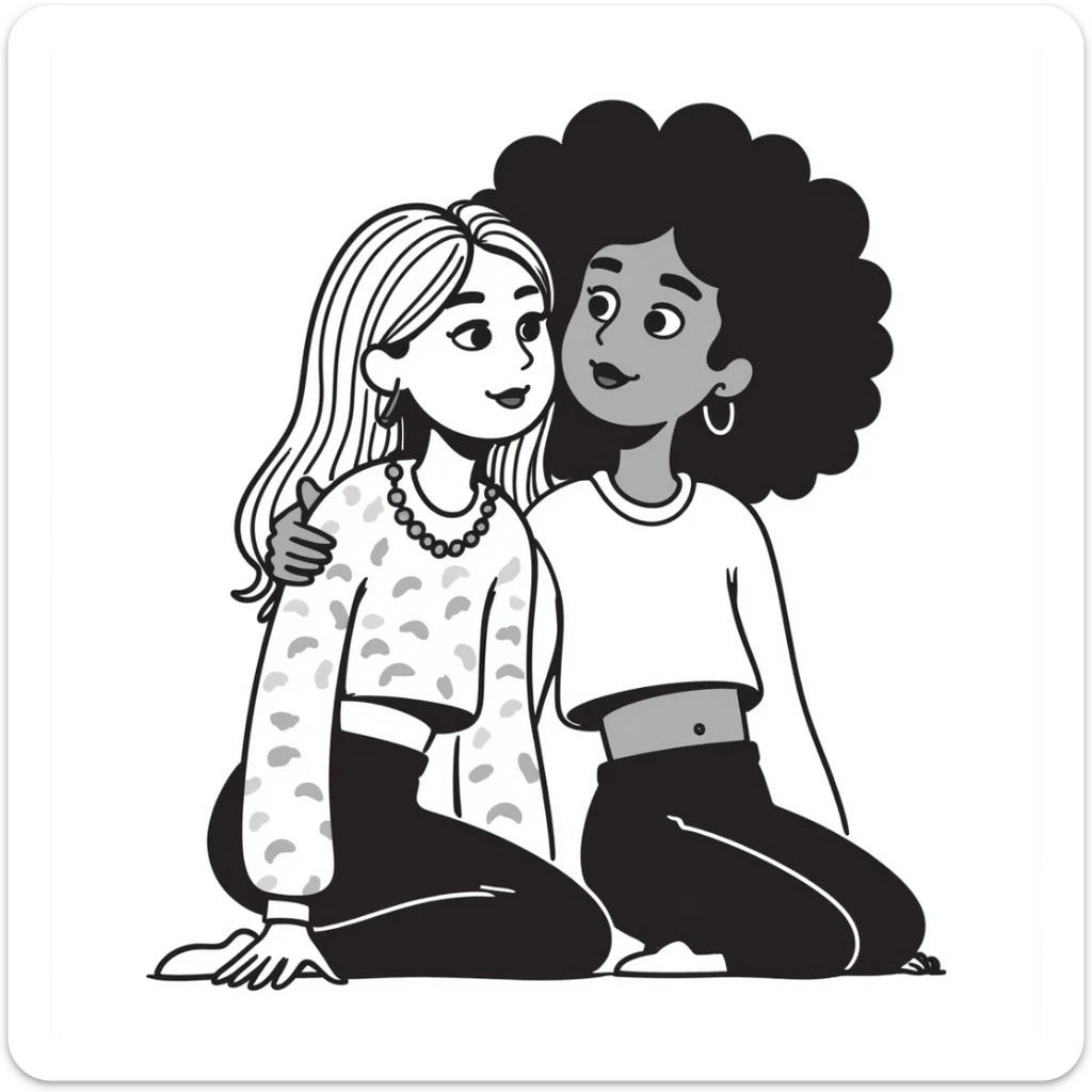 Full body of two teenage girls sitting together as friends, one white with straight blonde hair and one brown-skinned with curly black hair, both with heavy makeup, big lips, tight crop tops, hoop earrings, choni style urban clothing sticker