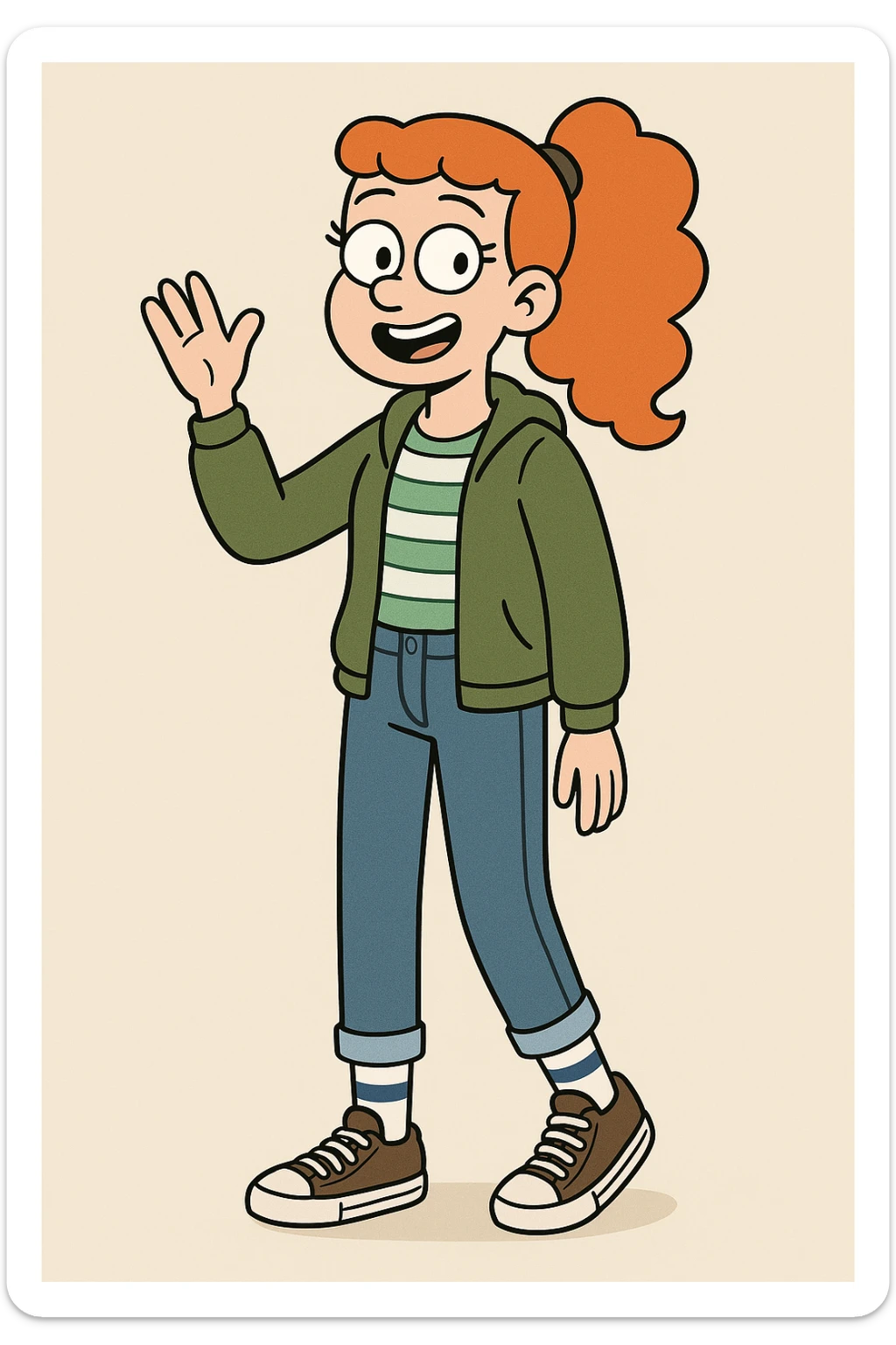 A girl Orange curly ponytail white green stripes ddre sshair jacket jeans blue sports striped socks brown converse women's chuck taylor all star shoreline slip on casual shoe wave and say hello sticker