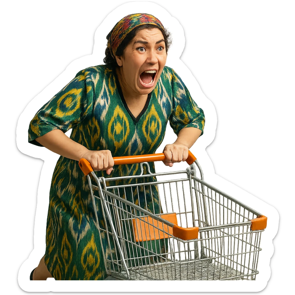 hysterical Uzbek woman with a shopping cart sticker