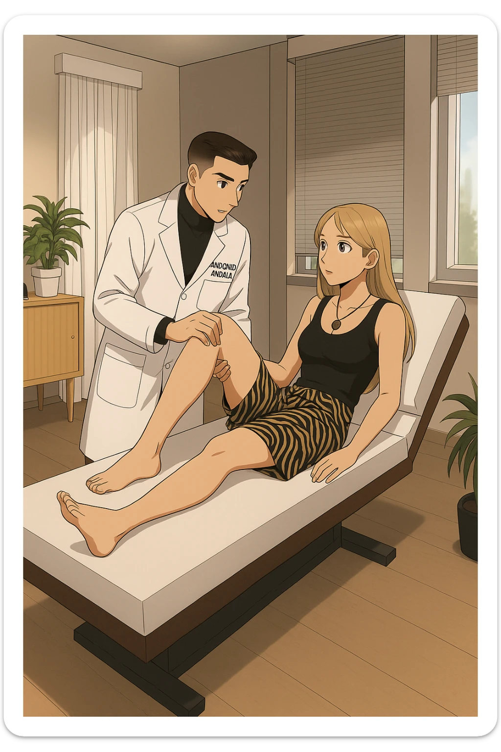 fai un webtoon/manga a colori con questo kinesiologo in camice bianco (fagli la scritta "ANTONIO ANANIA" SUL CAMICE) CHE SVOLGE UN TEST NEUROMUSCOLARE SOLLEVANDO UNA GAMBA ALLA RAGAZZA CHE è STESA SU UN LETTINO BIANCO. STANZA SEMPLICE E MODERNA, DURANTE IL TEST I DUE DIALOGANO TRA LORO. NON FARE I FUMETTI, FAI SOLO LORO COME SE DIALOGASSERO sticker