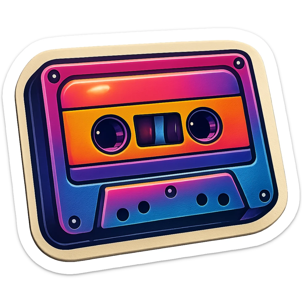 retro sticker art of a cassette tape, vibrant colors, no border, transparent background sticker