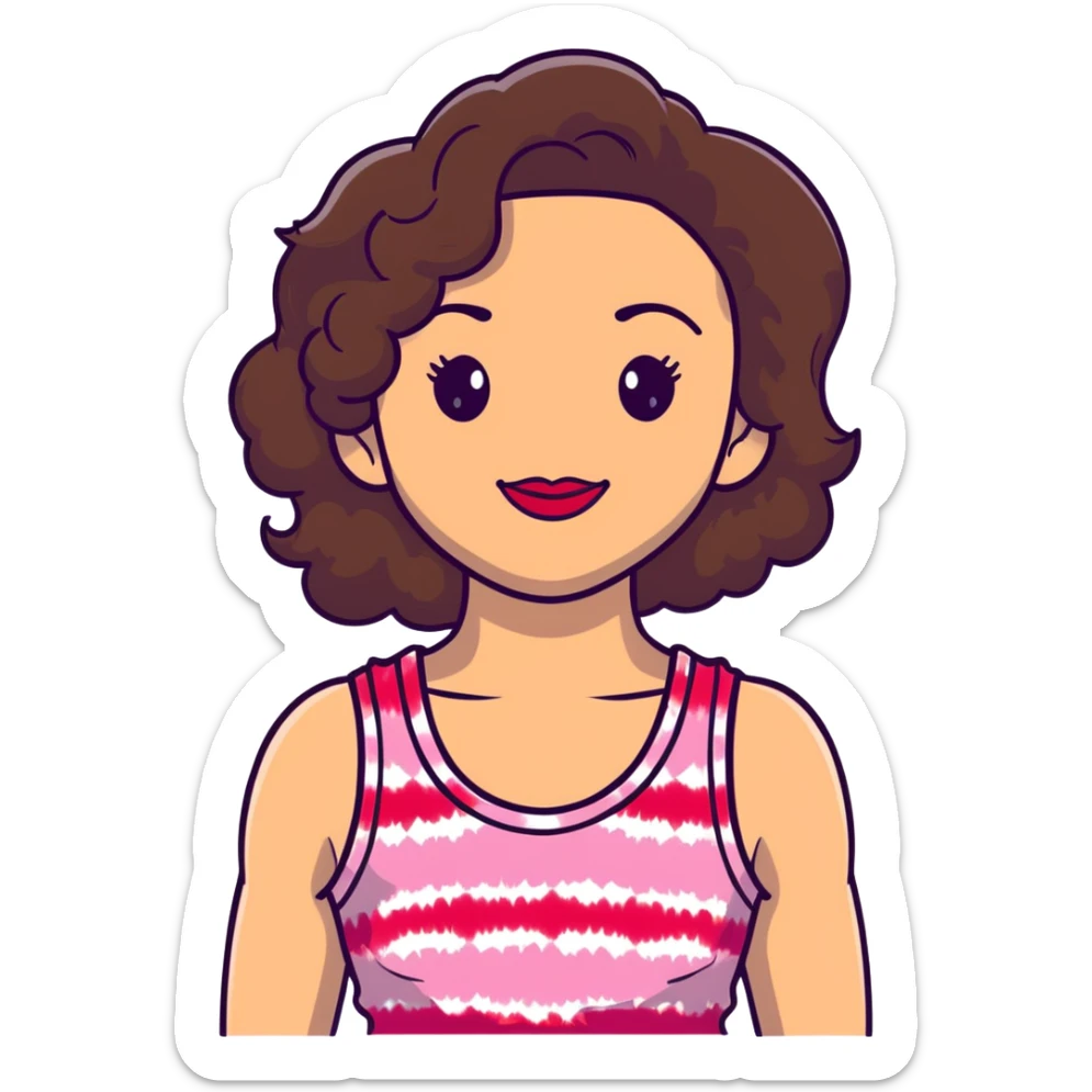 Artistic woman with fair skin, elongated face, abundant dark brown curly hair, large expressive almond brown eyes, full lips with soft red lipstick, wearing pink tie-dye tank top, maternal welcoming smile sticker