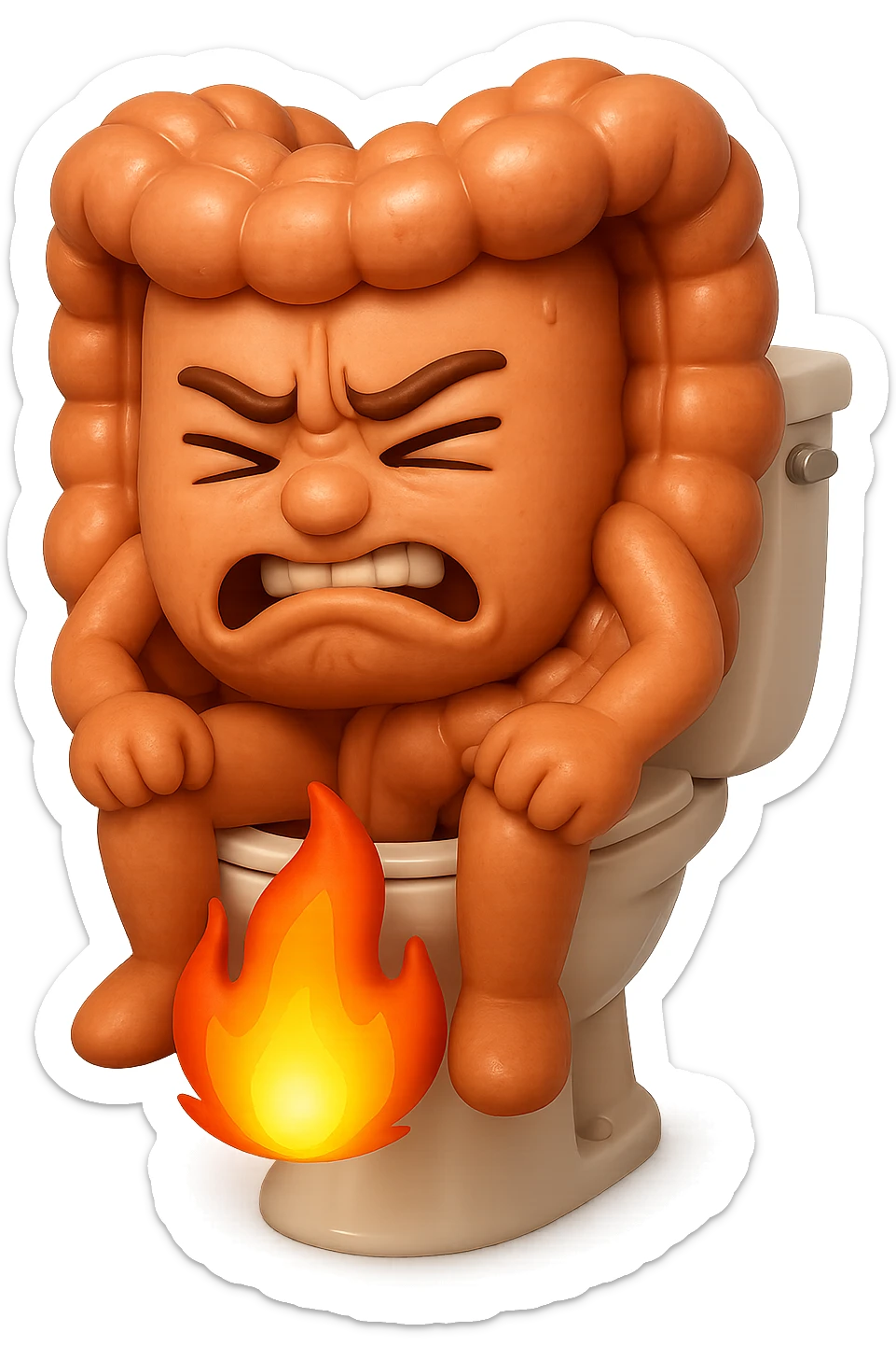 SU QUESTO STILE FAI UN EMOJI STILE IPHONE 3D DI UN INTESTINO CHE sta seduto sul wc e dal wc in mezzo alle sue gambe esce una fiamma stile emoji iphone, FAGLI UN ESPRESSIONE di dolore mentre si sforza E FALLO MOLTO REALISTICO IN 3D sticker