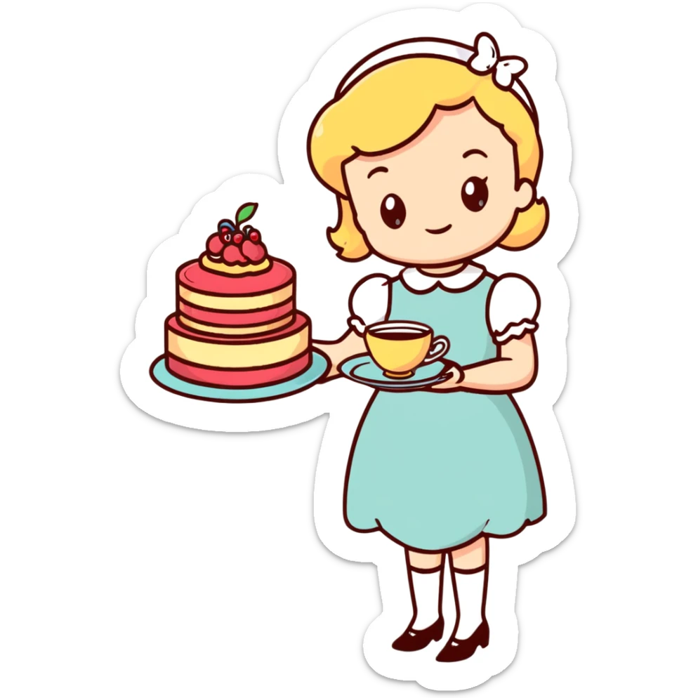 Charming British girl in vintage dress having afternoon tea with fancy teacup, scones and cake stand sticker
