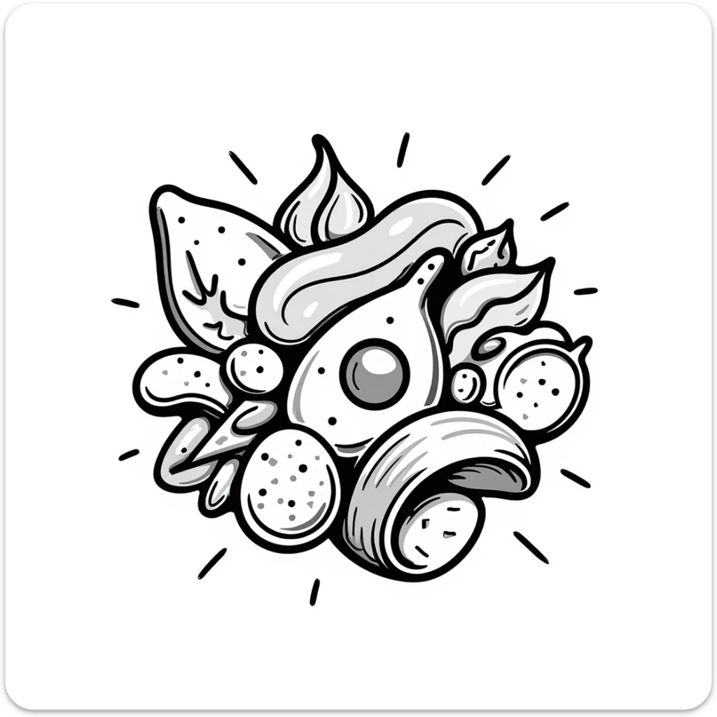 Close up of protein foods (meat, egg, beans, tofu, yogurt) connected together in a unified cluster, glowing with energy, floating in a warm light. sticker