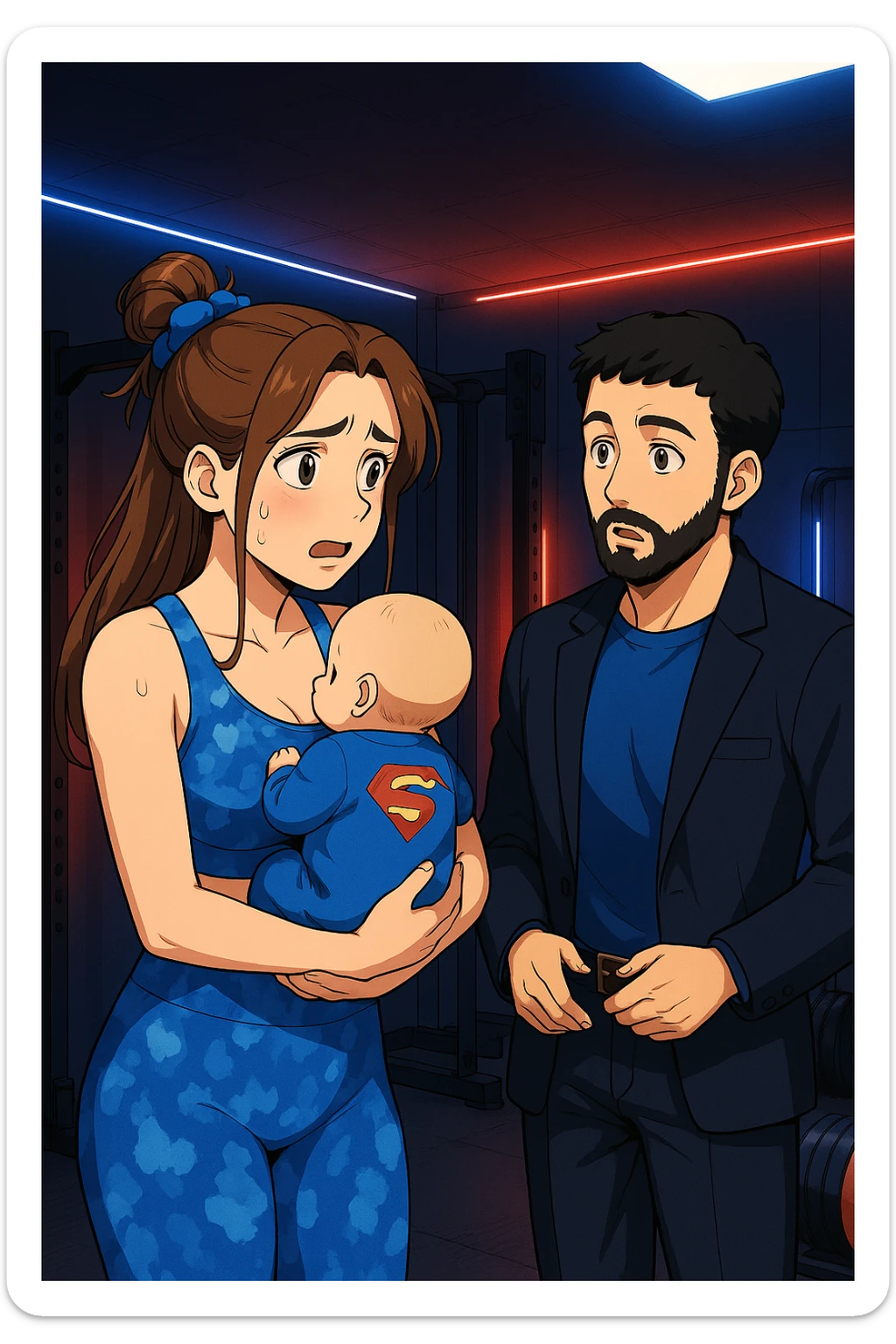 ispirati a questo stile di disegno e fai questa immagine in versione manga/webtoon a colori, il manga mostra la donna preoccupata con un neonato in braccio con una tutina azzurra e la scritta "S" sulla schiena, la donna gli sta facendo una domanda all'uomo, ma non fare i fumetti, fai come se stessero parlando sticker