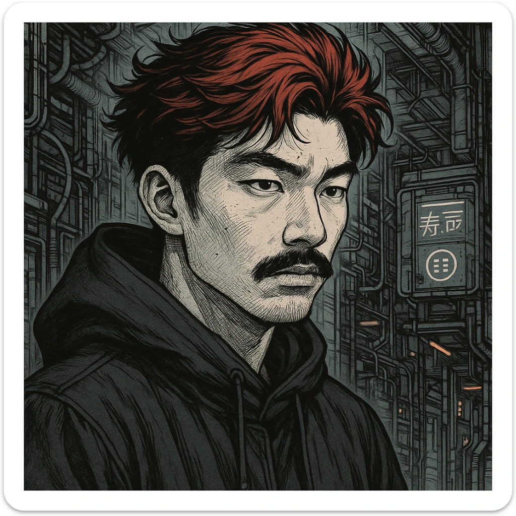 Asian man with black mustache, red hair, black hoodie, Japanese manga style inspired by Ghost in the Shell, cyberpunk atmosphere, detailed linework, monochrome with subtle color accents sticker