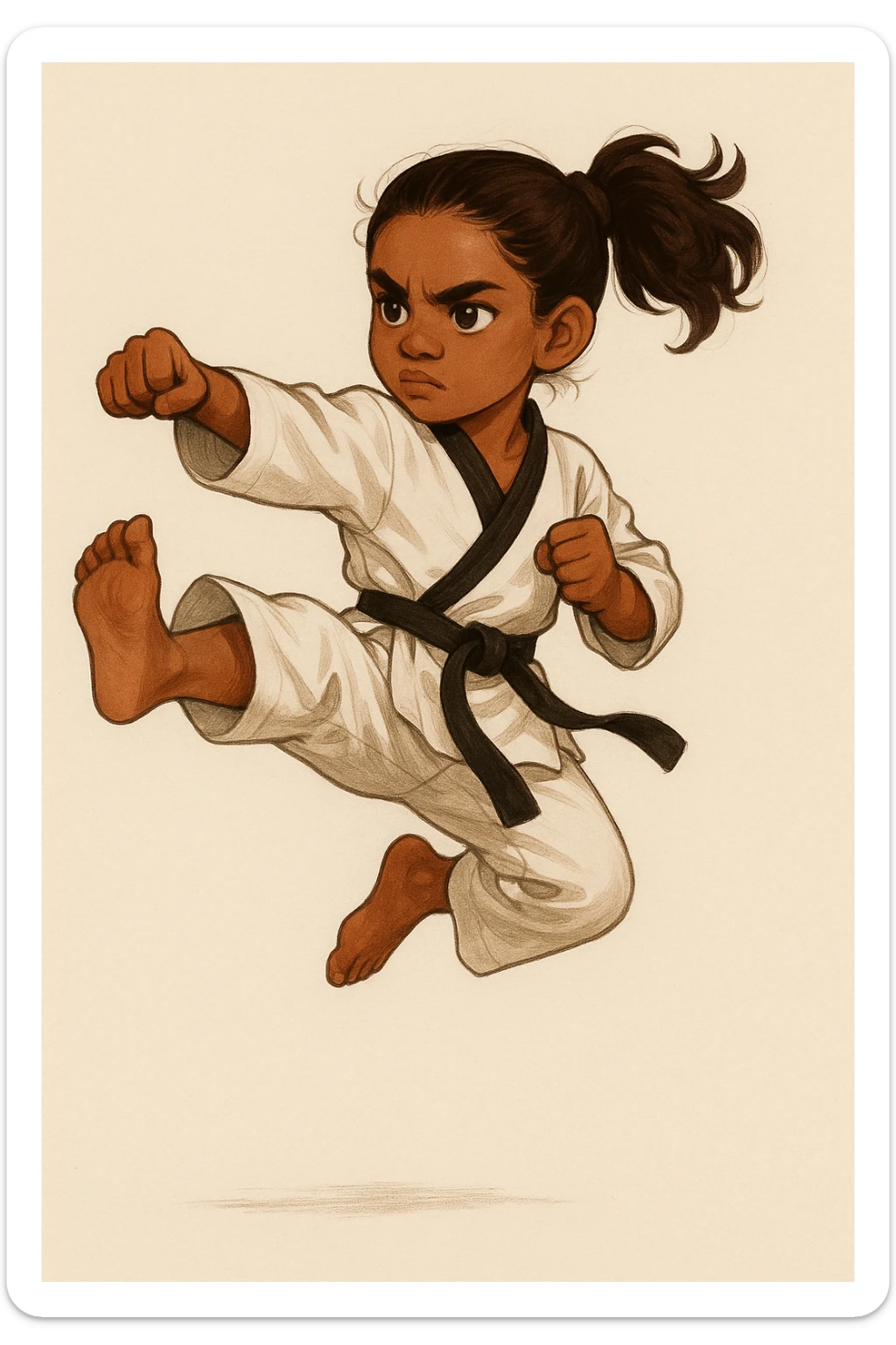 brown-skinned girl with brown hair in a ponytail mid-air taekwondo kick, determined look, martial arts outfit, plain background sticker