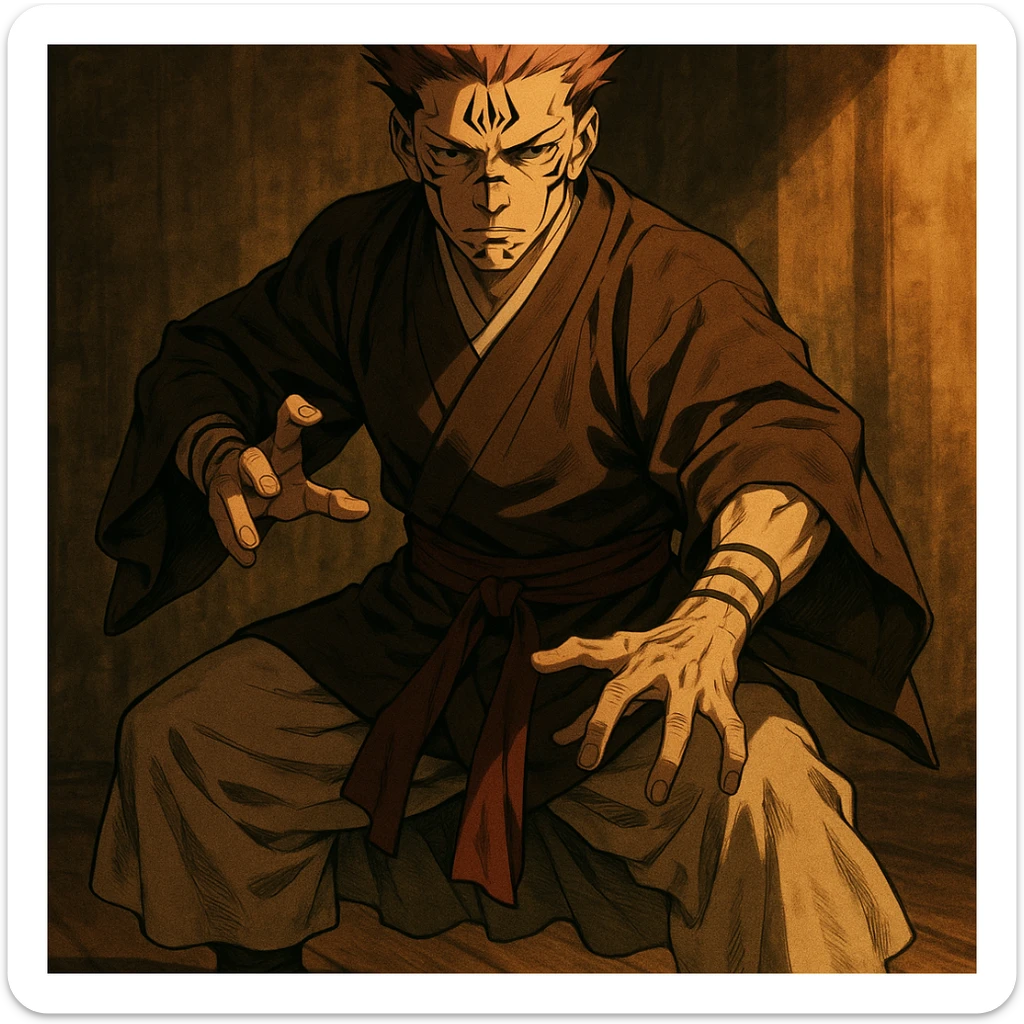 Ryomen Sukuna, Heian era, no smile, Ryoi Kenkai stance, traditional clothing, dramatic lighting, anime style sticker