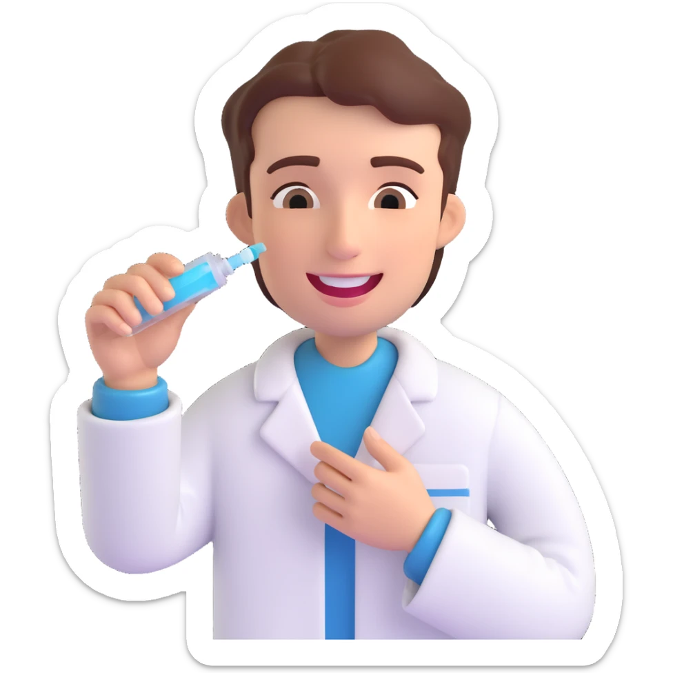 a dentist's hand offering a mouth spray to a patient, with a gentle smile sticker