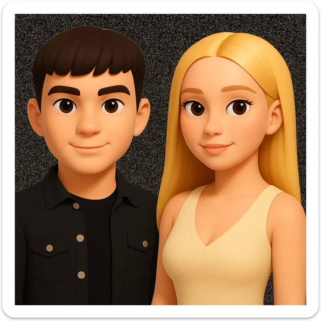 Slightly increase the volume of the upper body of the girl, separate the girl and the boy from each other, and make the skin color the same for both characters. Maintain the cartoonish 3D style in the edit. sticker
