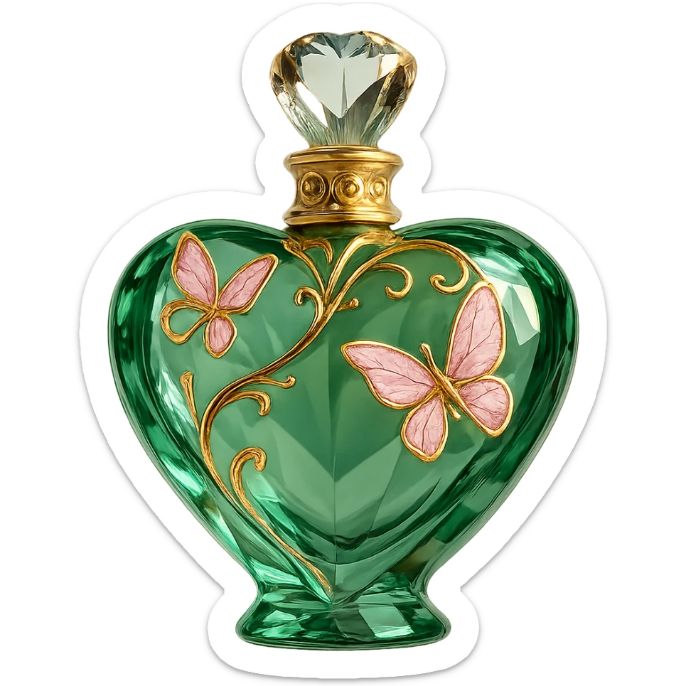 very close crystal green heart-shaped bottle with golden details and pink butterflies, transparent background, design very similar to the provided image, elegant, bright, crystal clear, no additional elements or changes sticker
