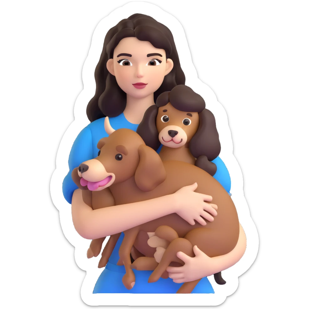 Kendall Jenner with long dark hair holding a brown poodle and a cow cat in her arms sticker