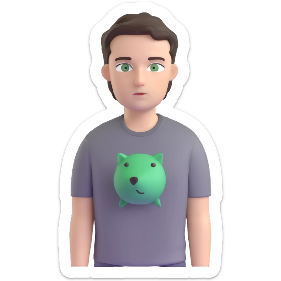 white man with dark messy short hair, dark green eyes, wearing a gray t-shirt sticker