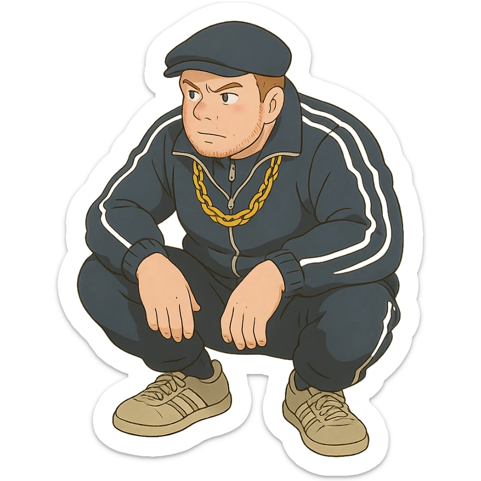 ghibli style Russian gangster squatting, wearing a tracksuit and gold chain sticker