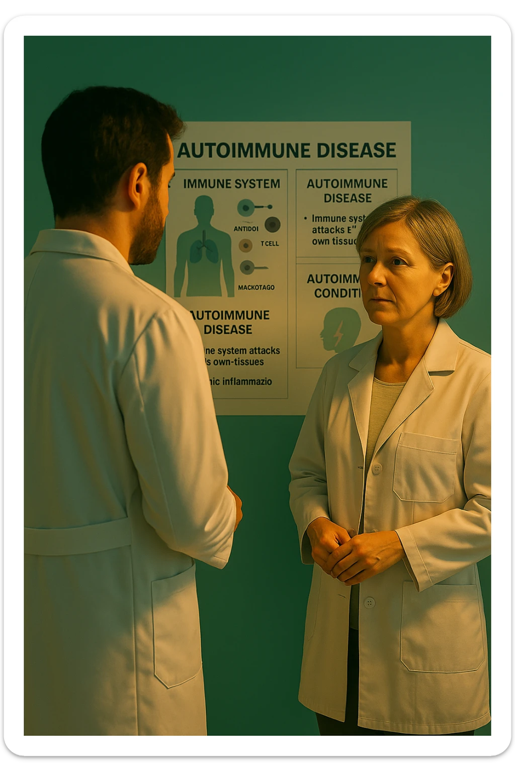 Realistic, detailed photo taken from behind of one doctor e un paziente —a bearded man and a middle-aged woman—standing and facing each other as they discuss an autoimmune disease diagnosis in front of a medical chart that displays information about the immune system and autoimmune conditions. The scene is illuminated by a yellowish, orange, warm light that softly envelops the doctors. The entire room is bathed in a single green-blue color, creating a cohesive and modern atmosphere. Both doctors wear white coats, and their body language suggests a serious, professional conversation about the complexities of autoimmune diseases. Shot with a Canon EOS R5, with high detail and natural depth of field. scritto in italiano sticker