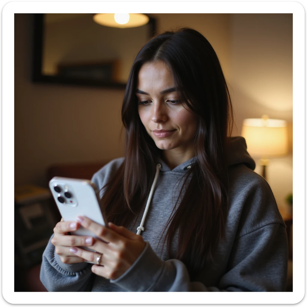 realistic PNG image of a woman with long straight dark brown-black hair holding an iPhone recording a TikTok video wearing a hoodie looking at the phone screen in a cozy indoor space transparent background sticker