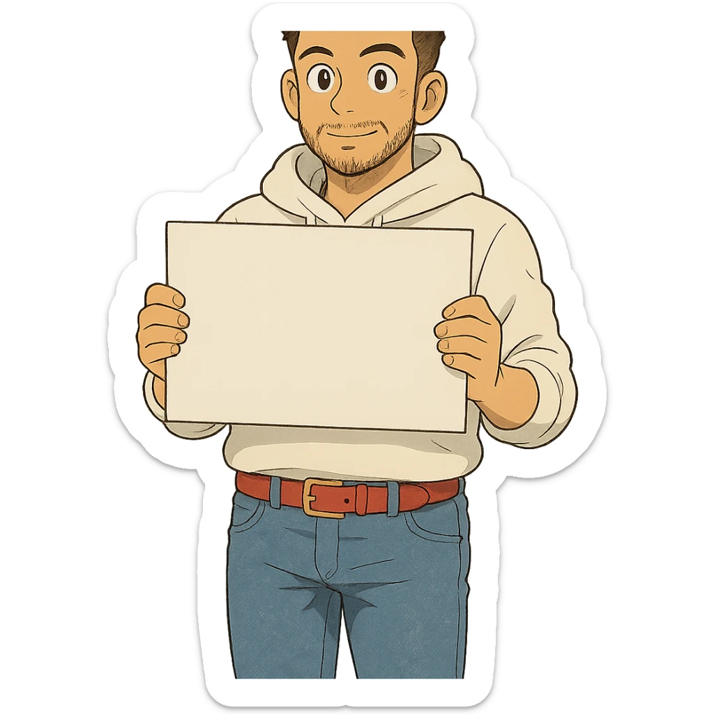 1 male, mid fade haircut dark chestnut brown curly hair, toasted lightskin, white hoodie sleeves up, fashion jeans, red fashion-sneakers shoes, red belt, short trimmed beard and goatee,  style of deku from "my hero academia", pose: holding a blank poster chest level, the image is framed from the waist to above the top of the head sticker