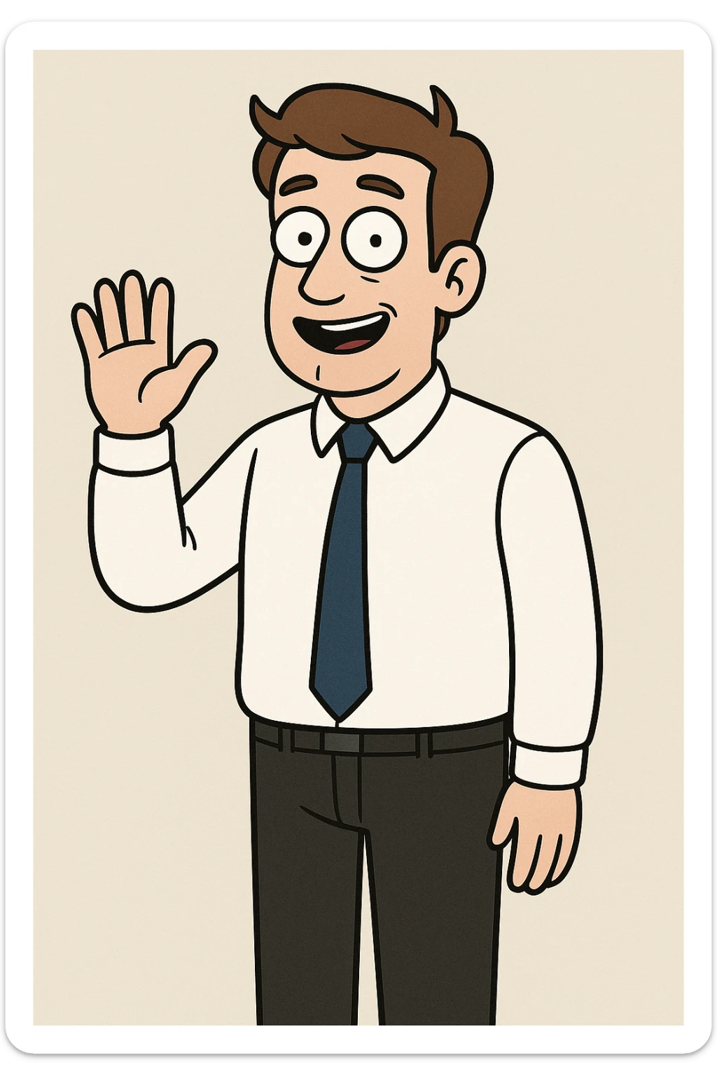 A man sky brown hair Marine Blue Colours Satin Tie White Whistler Classic Oxford Shirt black Apollo Flat Front Trouser hand to say hello sticker