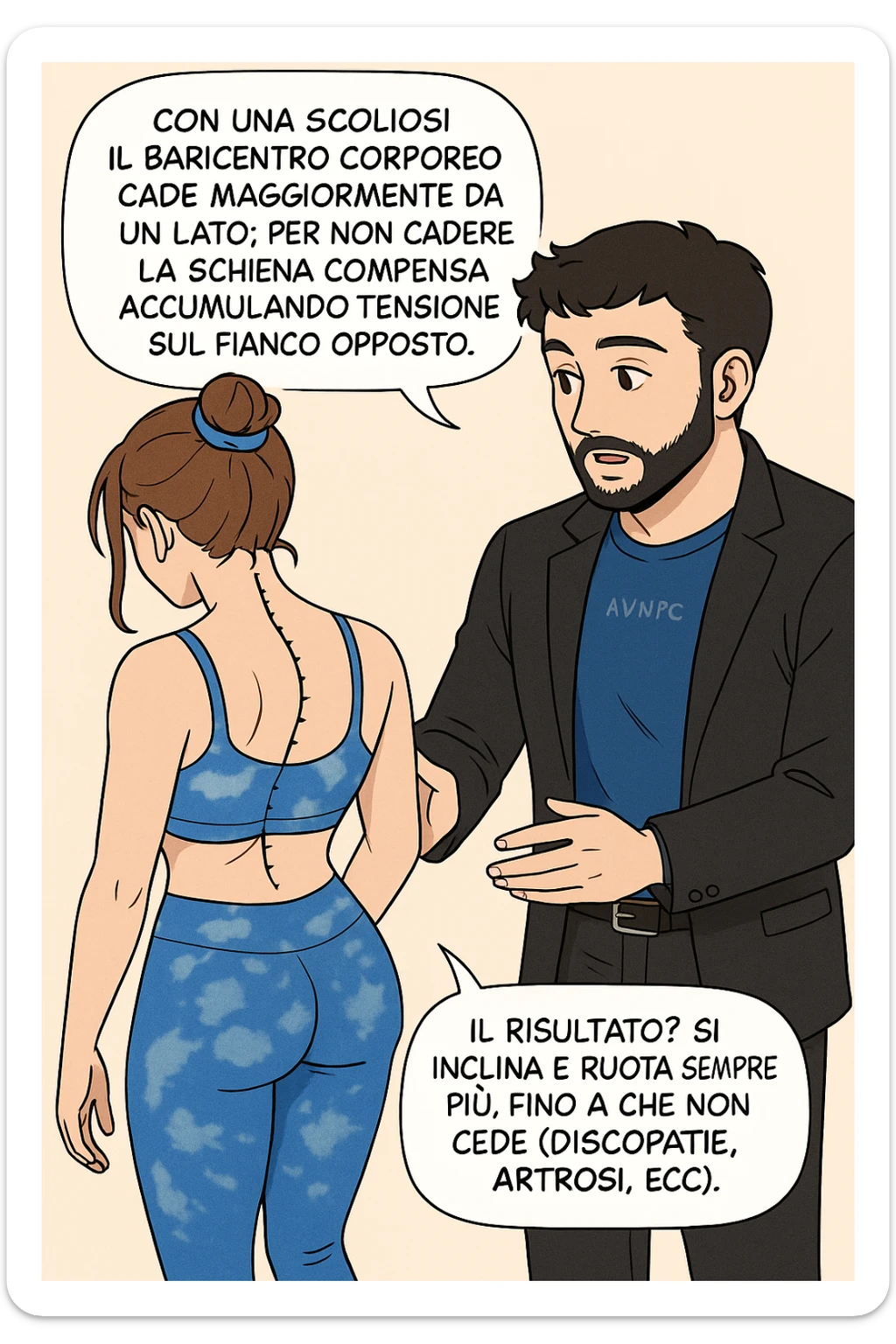 fai questa immagine in versione manga/webtoon a colori, il manga mostra la donna di spalle, mentre l'uomo le tocca la spina dorsale per spiegarle come funziona la scoliosi:
Con una scoliosi il baricentro corporeo cade maggiormente da un lato; per non cadere la schiena compensa accumulando tensione sul fianco opposto.
Il risultato? Si inclina e ruota sempre più, fino a che non cede (discopatie, artrosi, ecc) sticker