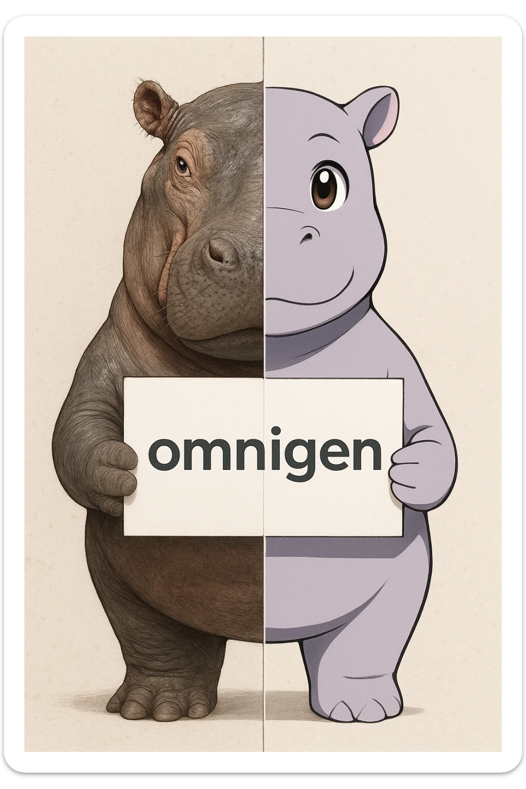 a hippo holding sign of omnigen, half picture hippo is realistic another hald is the anime of that same hippo sticker