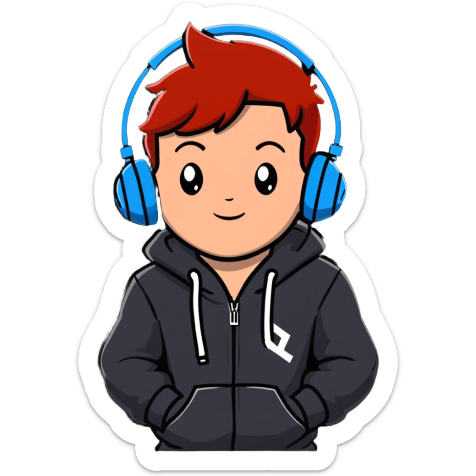 young red-haired boy wearing headphones and a hoodie with 'woojuo' printed on the chest, lively style, suitable for emoji sticker