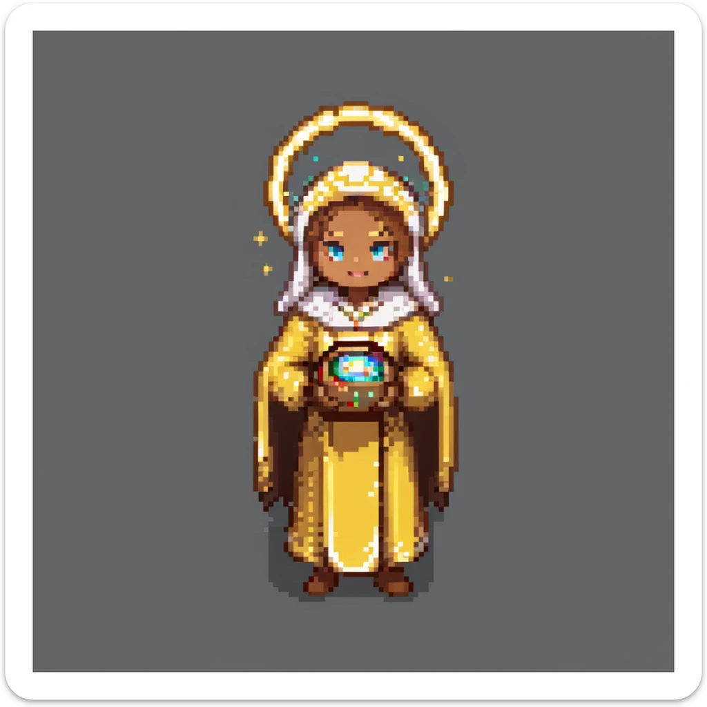 Portrait of a radiant baker with a glowing halo, golden robes, and a cookie-shaped aura, skeuomorphism style sticker