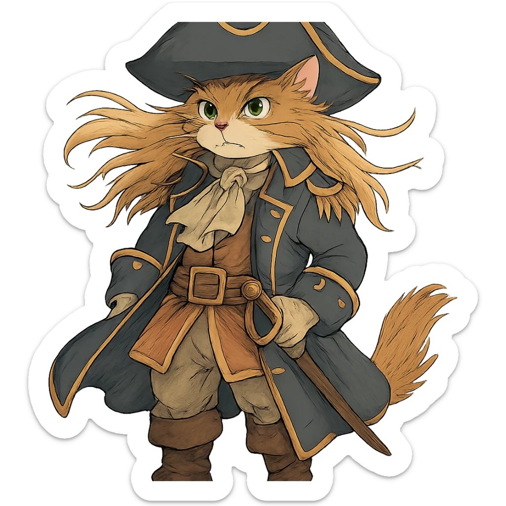 ghibli style cat dressed as pirate captain with flowing fur and detailed costume sticker