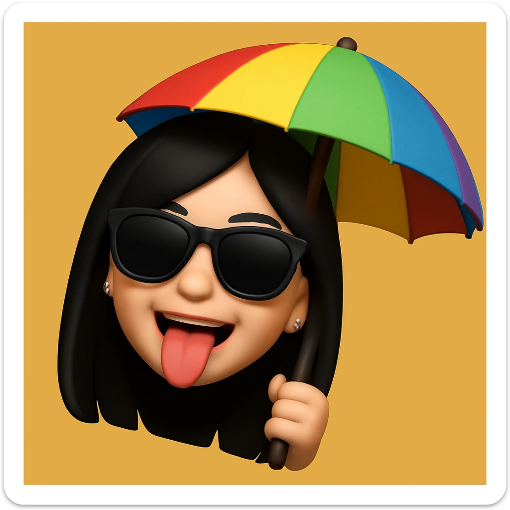 Create a fun 3D cartoon style memoji of the same girl wearing dark sunglasses and holding an umbrella, maintaining the playful and vibrant 3D memoji style. sticker