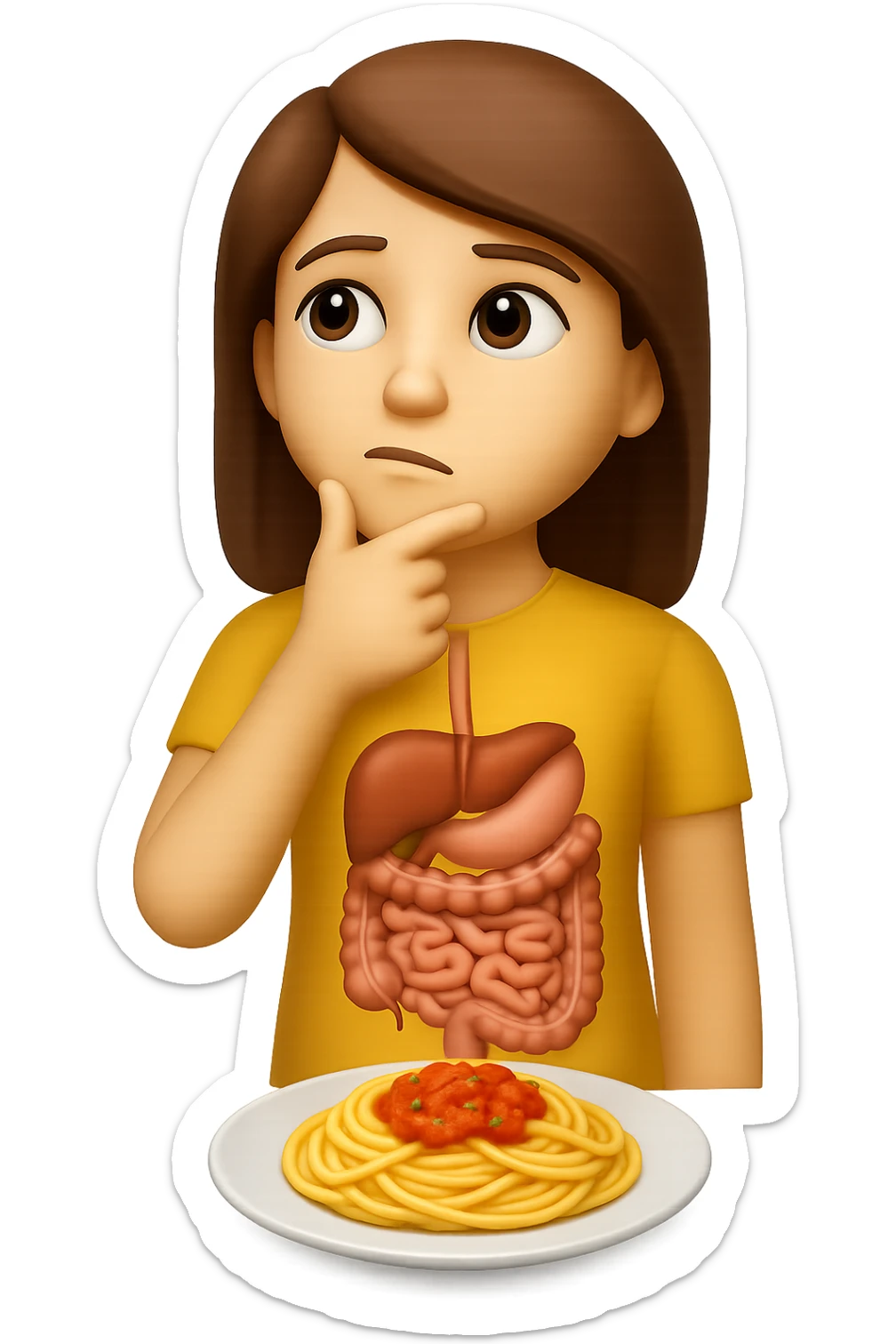 donna che guarda pensierosa con intestino in evidenza un piatto di pasta, stile emoji iphone, iperrealistico 4k sticker