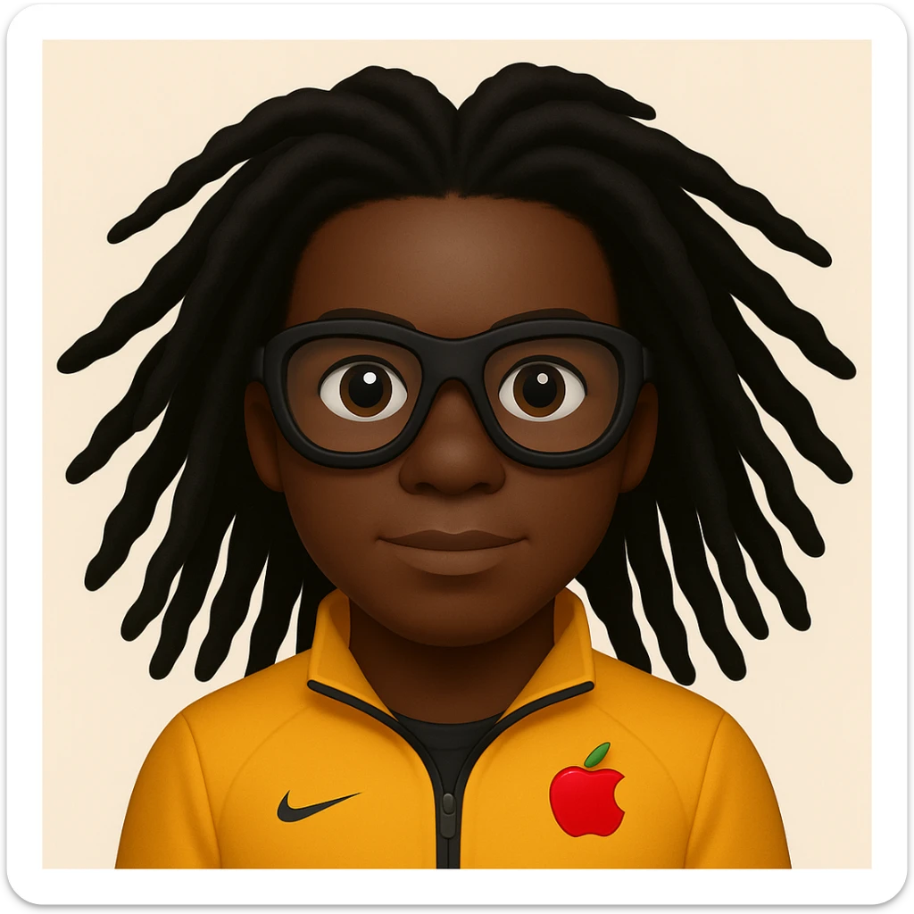 Make the hair black and more free flowing, keep the signature dreadlocks and sports goggles, in Apple emoji style. sticker