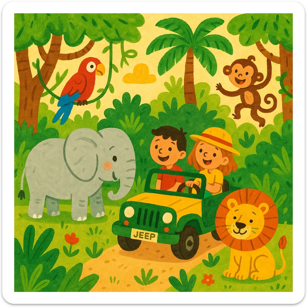 hand drawn digital illustration of jungle safari in the style of children's illustration sticker