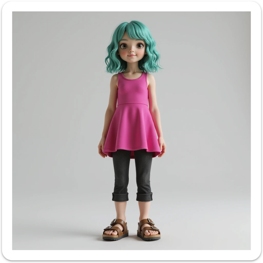 a realistic girl with teal hair, wearing a hot pink dress, black jeans, and brown birkenstocks, full body, photorealistic, natural lighting sticker