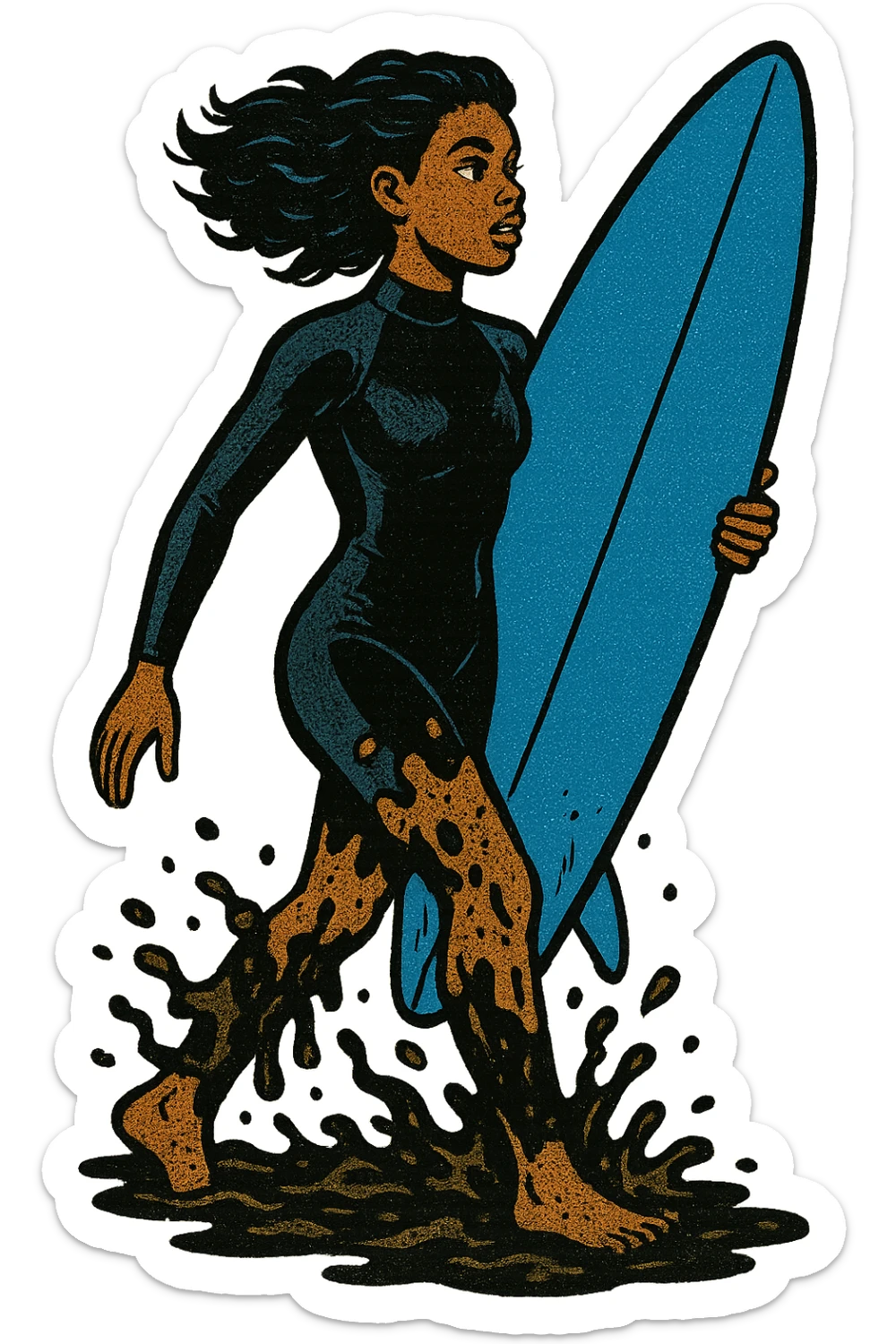 The full body of a modern day black surfer girl in her twenties carrying an upright blue surfboard and wearing a wetsuit.  The girl is covered from her waist down in sewage and pollution from the sea. sticker