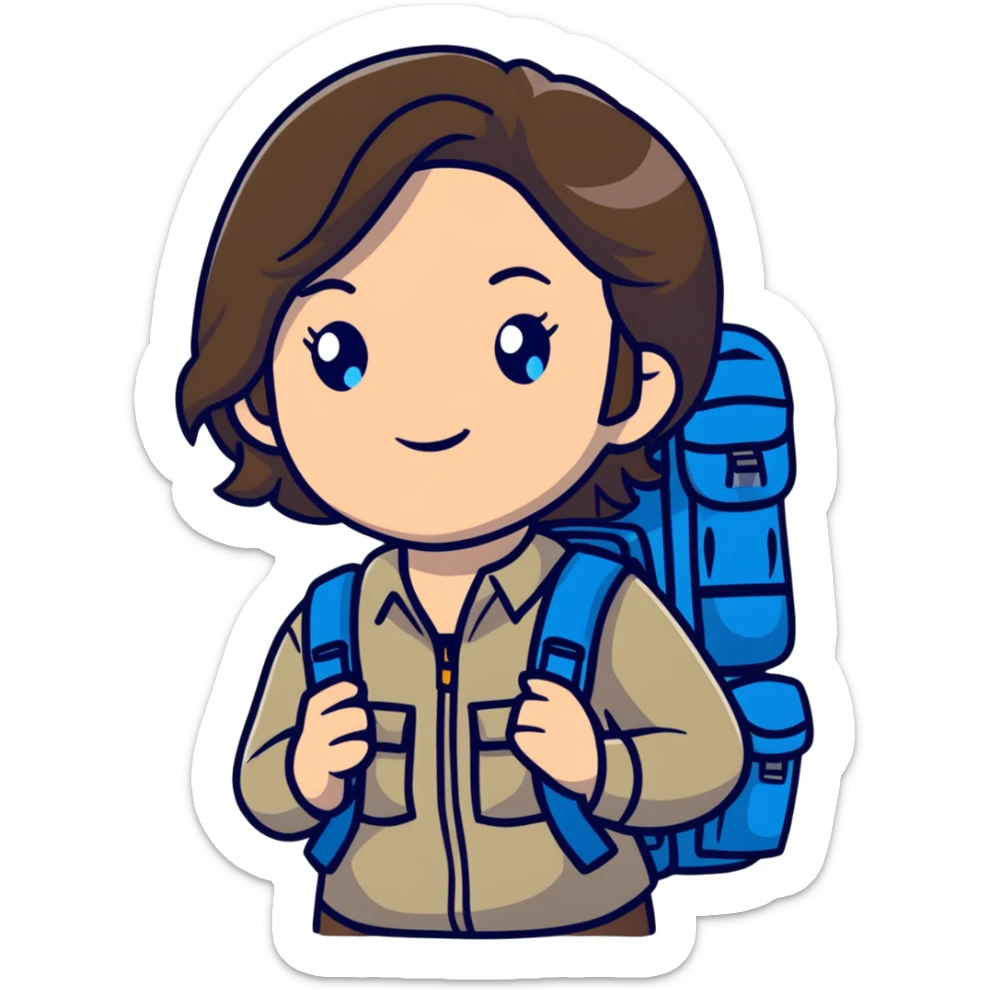 white woman park ranger with gray and brown hair, blue eyes, wearing a backpack sticker