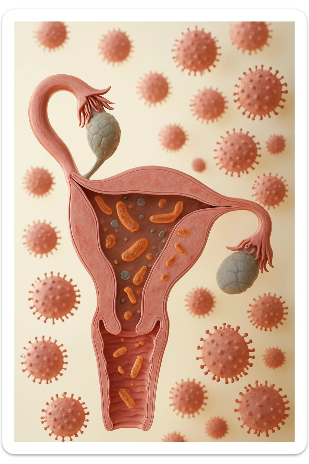utero umano realistico con batteri della candida intorno, la foto si deve vedere per intero in formato verticale, sullo sfondo neutro chiaro ci sono batteri della candida, iperrealistico 4k sticker