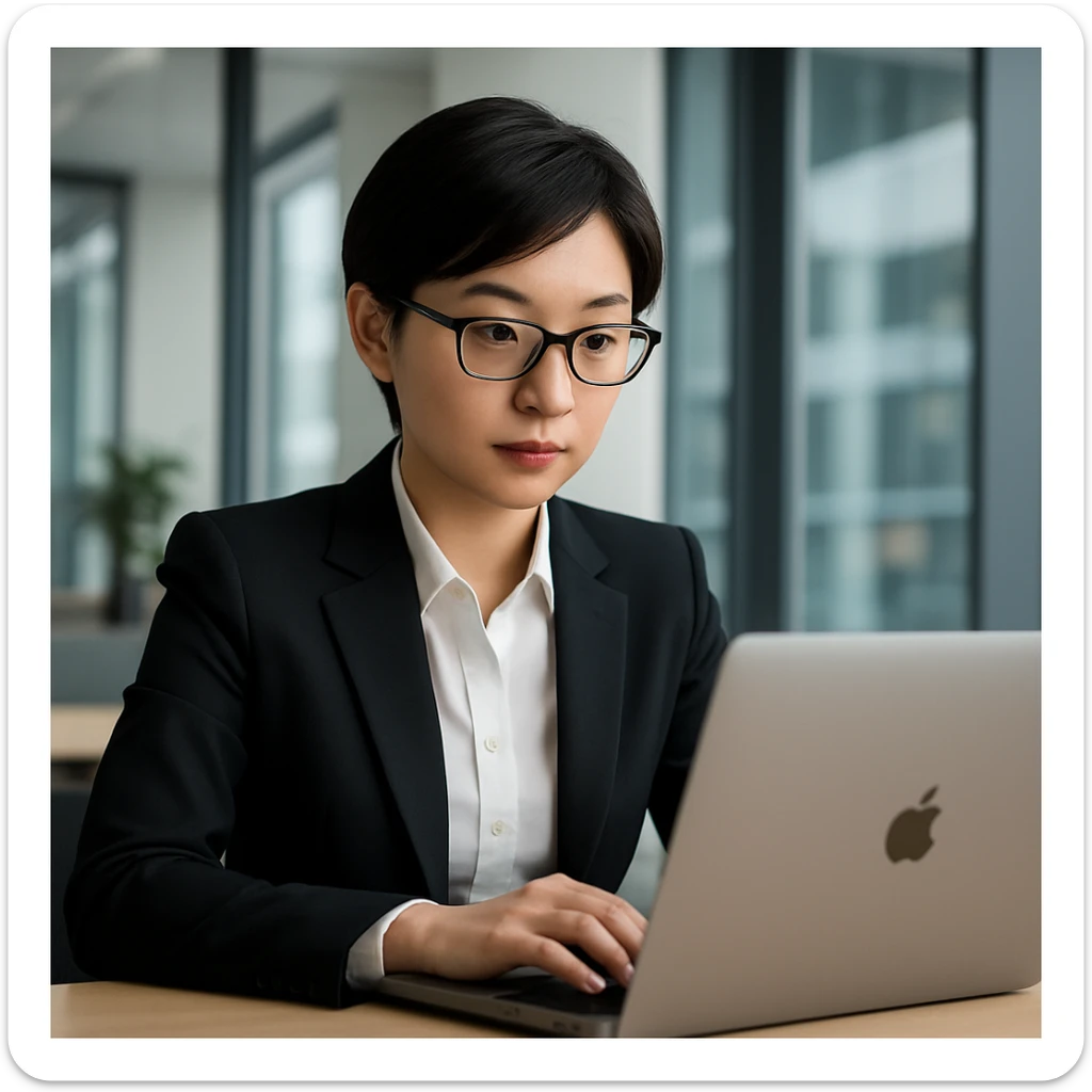 Businesswoman, Asian, short black hair, glasses, working on Mac laptop, formal suit sticker