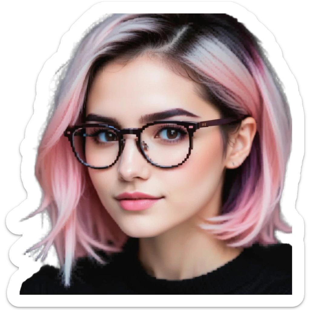woman with gradient hair from dark to pink with glasses, brown roots, brown eyebrow, flirting sticker