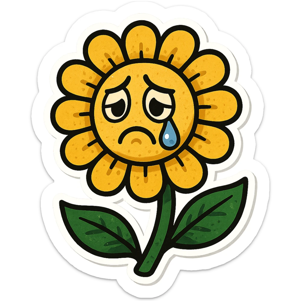 Make the sad flower have a teardrop in the style of cartoonish stickers sticker