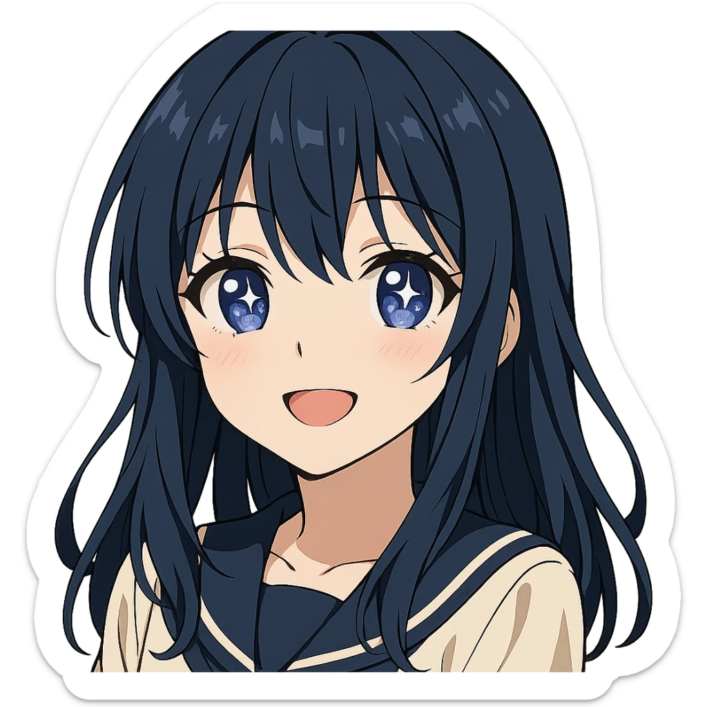 anime style girl with dark blue hair, stars in her eyes, violet-blue eyes, beautiful smile sticker