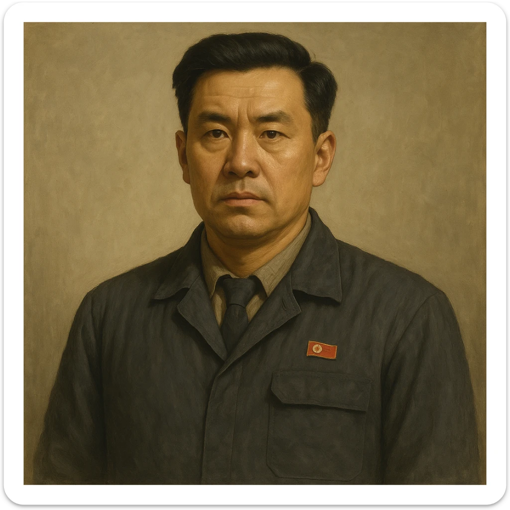 Official portrait of a North Korean man, head of the hull production workshop at a shipyard, serious and formal style, engineer's clothes, neutral background, confident and focused expression, style inspired by Soviet and North Korean official portraits, with a different face sticker
