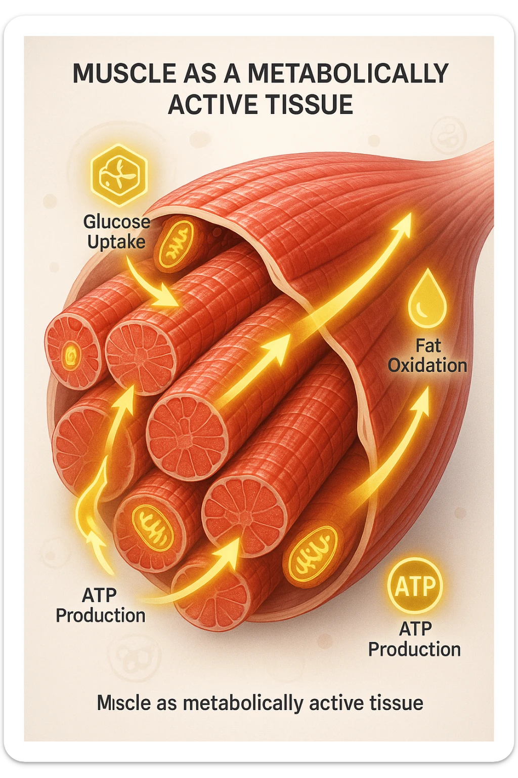 a highly detailed cross-section of human skeletal muscle fibers, shown in vibrant red and pink tones, with visible striations and realistic texture. Glowing arrows and animated icons represent active metabolic processes—such as glucose uptake, fat oxidation, and ATP production—occurring within the muscle tissue. Surrounding the muscle, floating symbols for mitochondria and energy highlight its metabolic activity. The background is clean and clinical, with subtle labels and infographics explaining that muscle is a metabolically active tissue. The overall style is modern, scientific, and visually engaging, suitable for educational or medical use. sticker