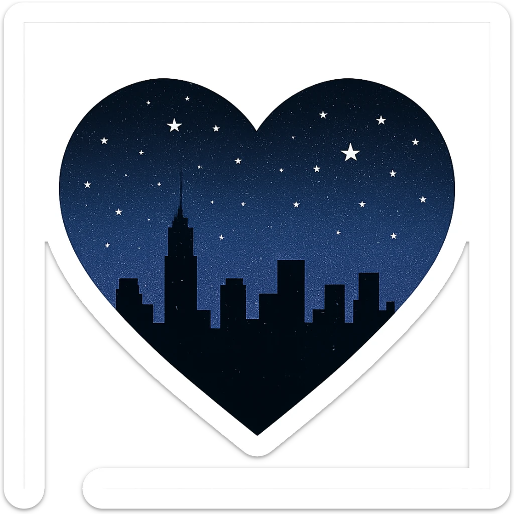 heart with a silhouette of a city skyline at midnight, starry sky above sticker