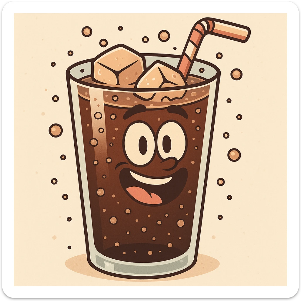 cartoon style illustration of a glass of cola with ice and a straw, bubbly and refreshing sticker