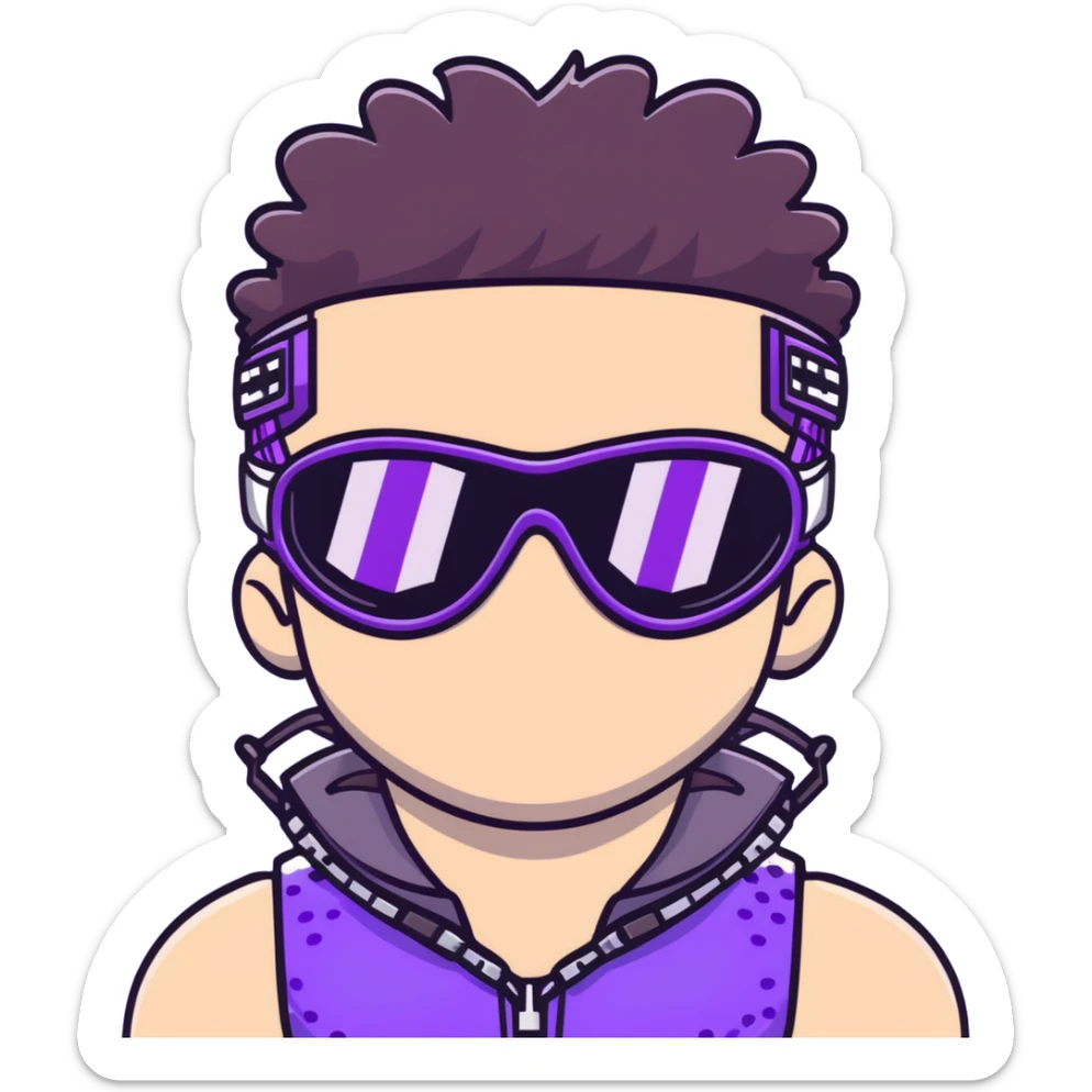 close-up of cool guy male athlete with white skin and moderately curly dark brown hair on top with shaved sides, wearing ski goggles with purple frames and very dark black lenses, winking behind the goggles, with an open mouth confident smile like a cool guy, a simple plain black chain necklace, and a completely unzipped sleeveless vest with purple and black sequin fire pattern design with no logo sticker
