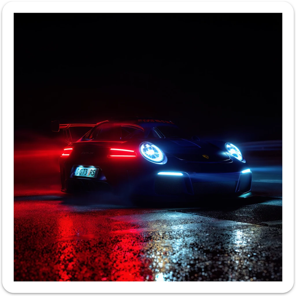 Cinematic still of a porsche 911, gt3 rs night photo, red lights and blue bright night  sticker