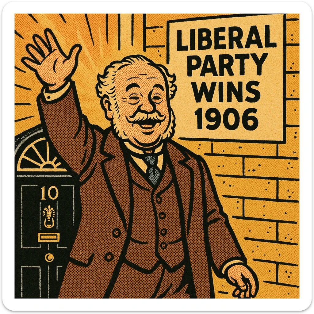 A happy Victorian politician who looks like Prime Minister Henry Campbell-Bannerman from the early 1900s standing in front of the black door or 10 Downing Street.  There is a sign on the wall saying 'Liberal Party Wins 1906'. sticker