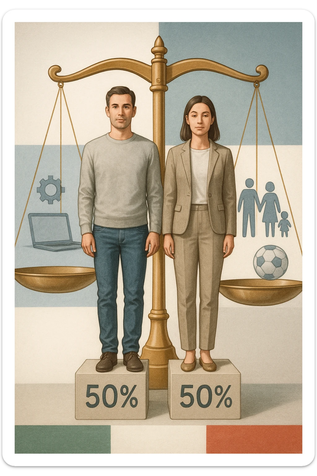 Uomo e donna in piedi l’uno accanto all’altra, al centro di una bilancia perfettamente in equilibrio. Entrambi vestiti in modo simile (moderno e neutro), con espressioni serene e rispettose. Sotto i loro piedi, due blocchi con scritto '50%' ciascuno. Sullo sfondo, elementi divisi simmetricamente: lavoro, famiglia, tempo libero, rappresentati equamente da entrambi. Atmosfera armoniosa, illuminazione equilibrata, colori neutri e simbolici (bianco, grigio, blu e oro). Stile realistico con accento simbolico sul concetto di equità in italiano sticker