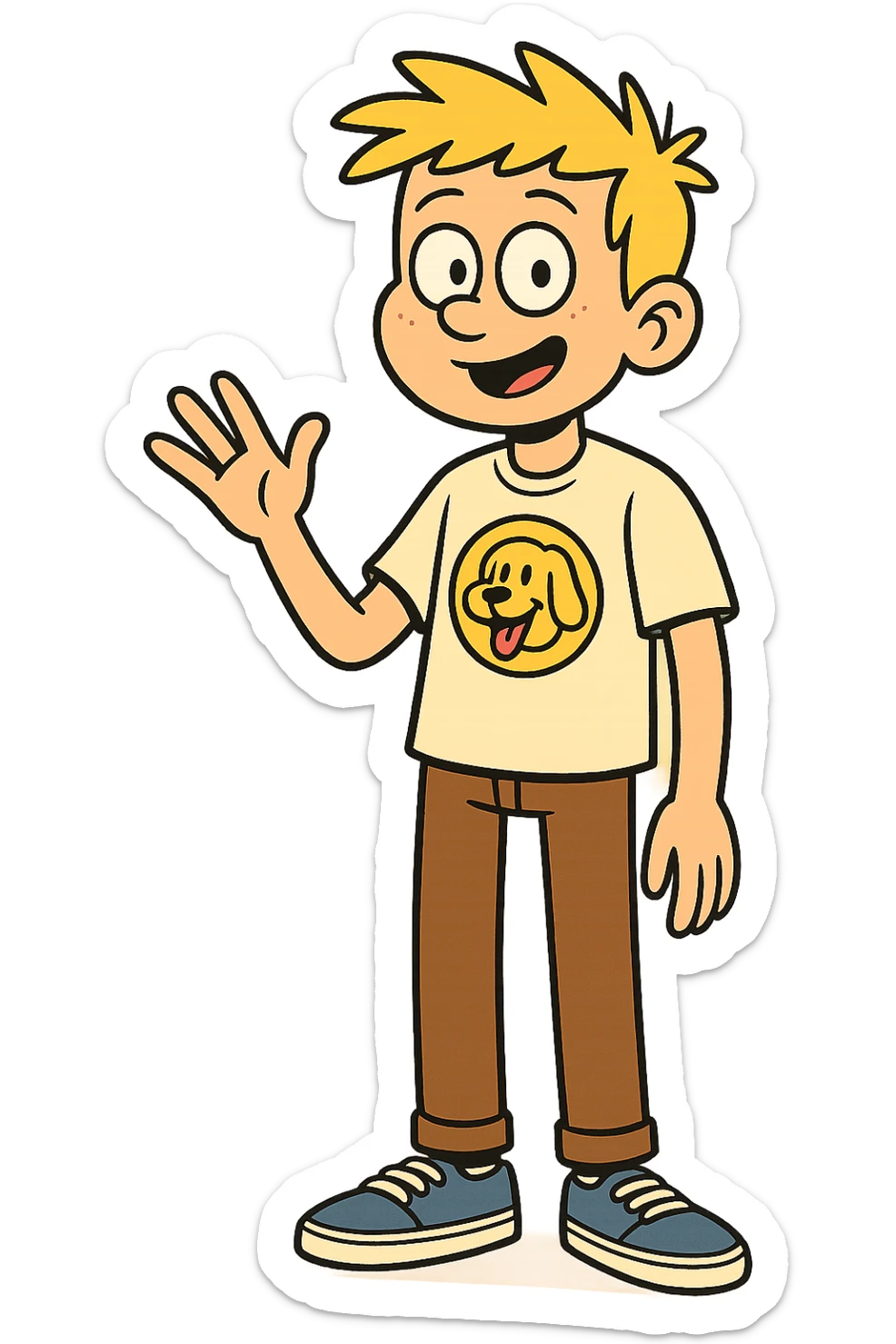 A boy yellow hair dog mascot logo t-shirts brown trousers blue vans shoe  sticker